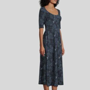 Pact Womens Fit Flare Signature Scoop Midi Dress Organic Cotton Floral Print S